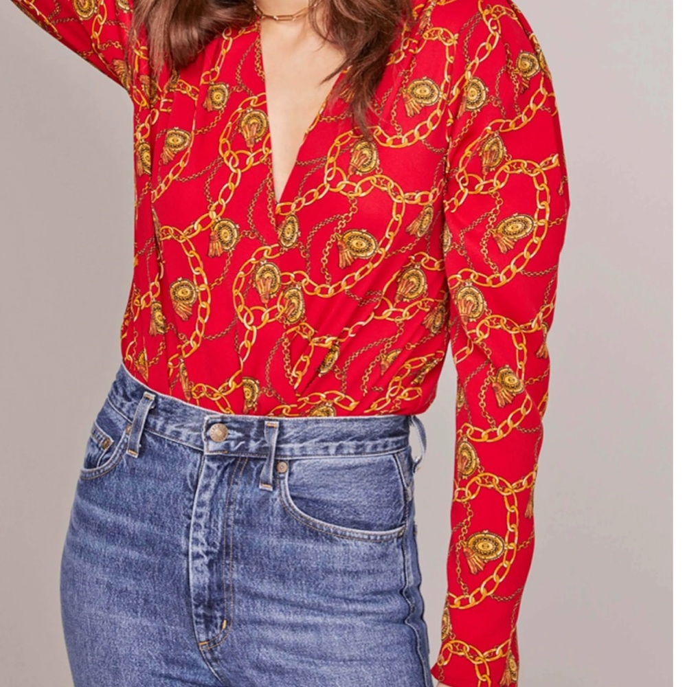 Astr Red Chain Print Long Sleeve Bodysuit